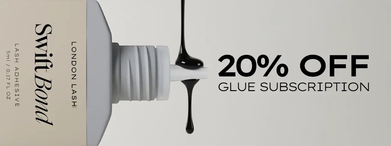 Lash glue subscription banner showing 20% discount on professional lash adhesive