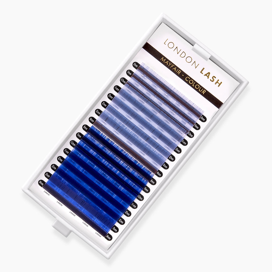 London Lash sky blue and blue faux mink coloured lash extension tray on white background