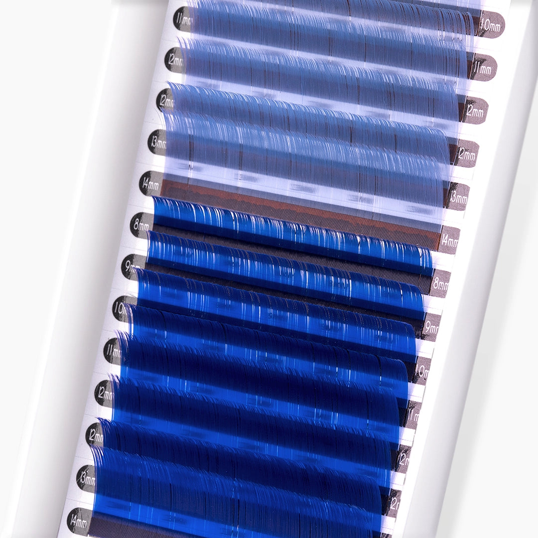 Close up picture of London Lash sky blue and blue faux mink coloured lash extension tray on white background