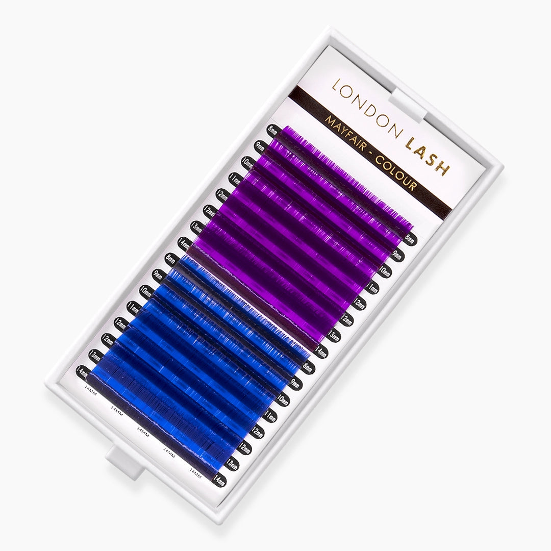 London Lash violet and blue faux mink coloured lash extension tray on white background