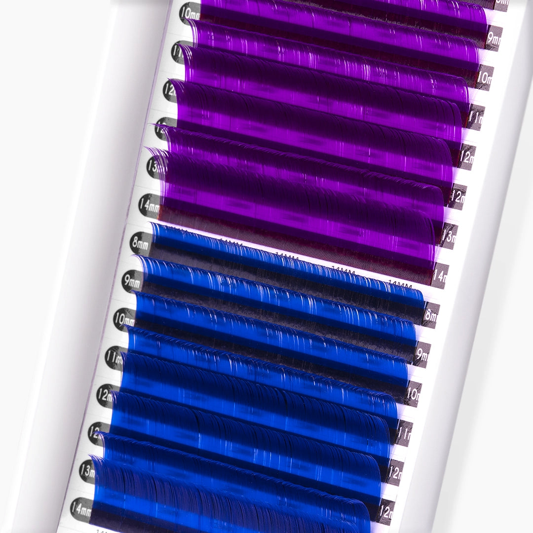 London Lash violet and blue faux mink coloured lash extension tray on white background