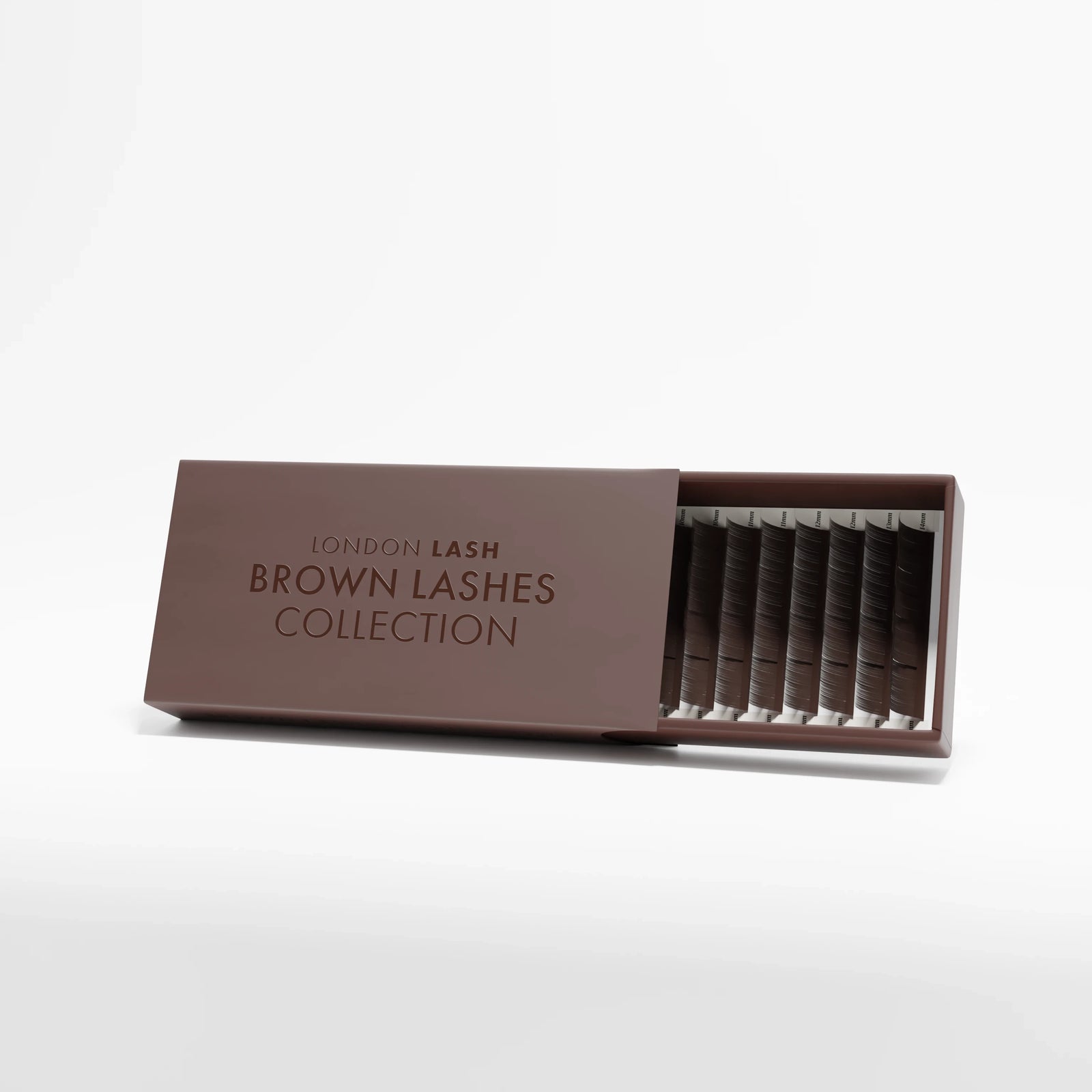 Brown Lashes Collection tray open showing coloured lash strips in mixed sizes