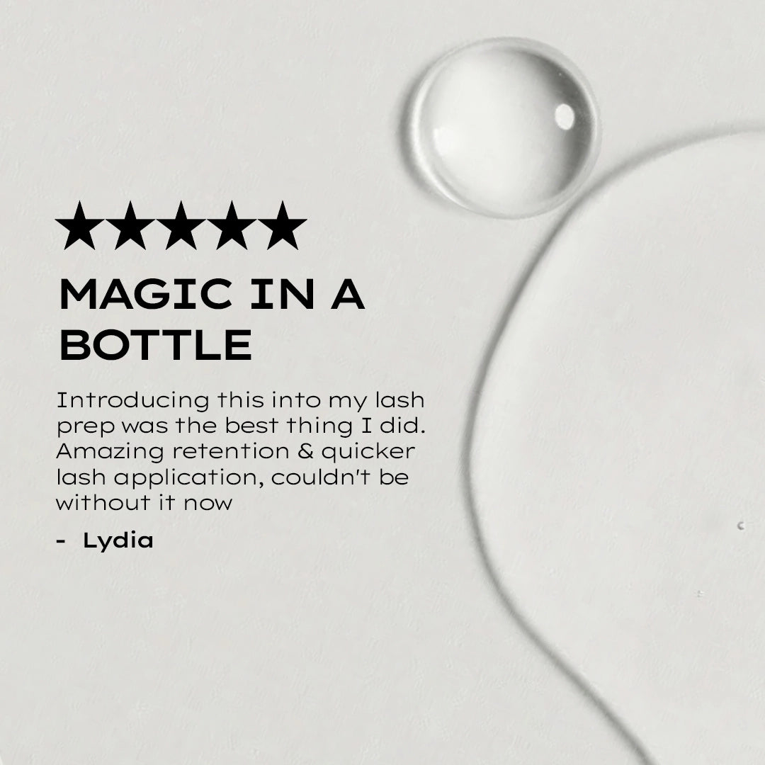 Product advertisement with text 'Magic in a Bottle' and customer review on a light gray background