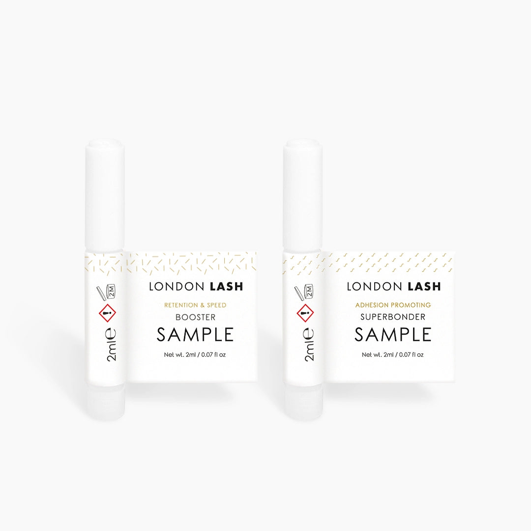London Lash Retention Improving Booster & Superbonder samples on a white background