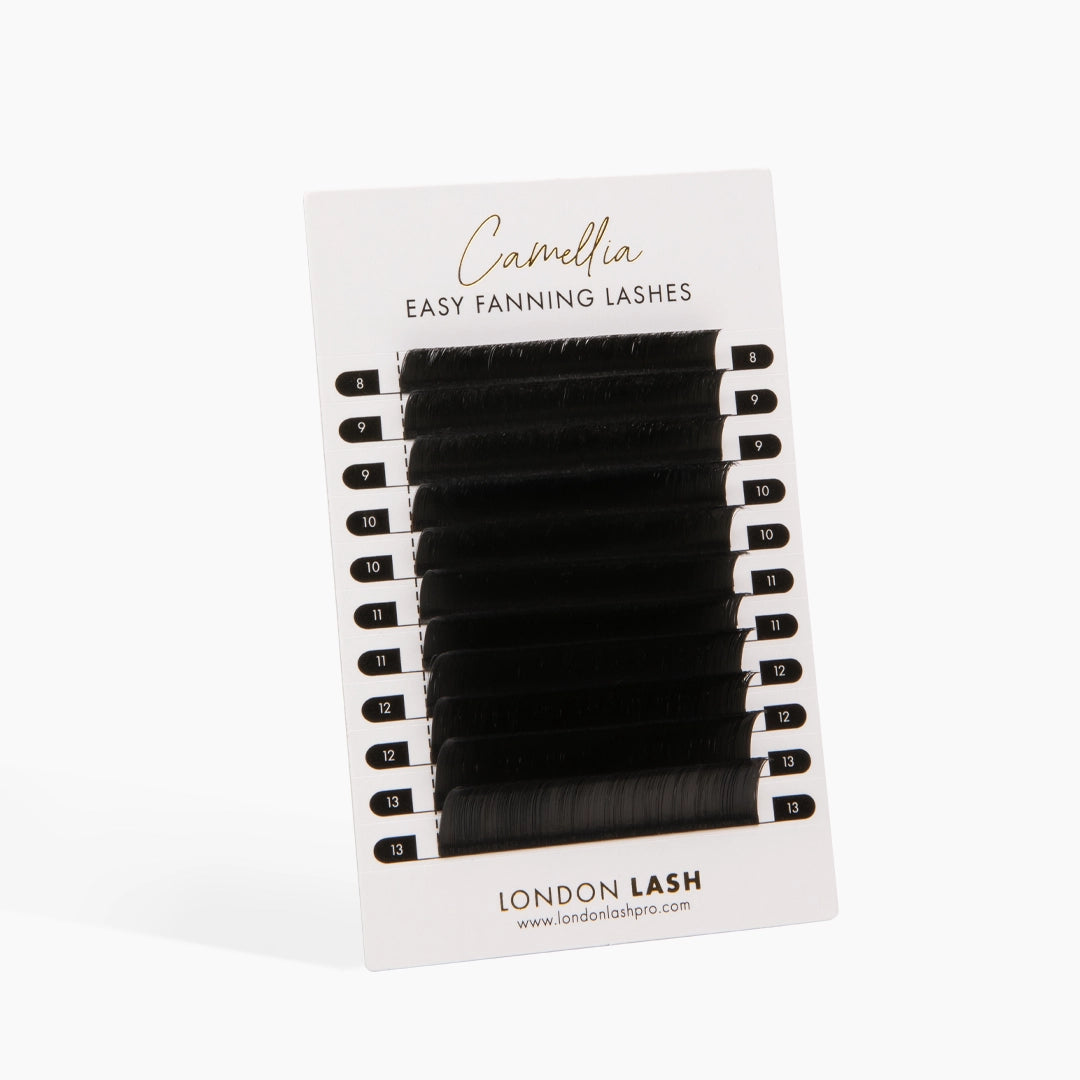 Vertical London Lash Camellia 0.05 Easy Fanning Lash Tray showcasing all lash strips and mixed lengths