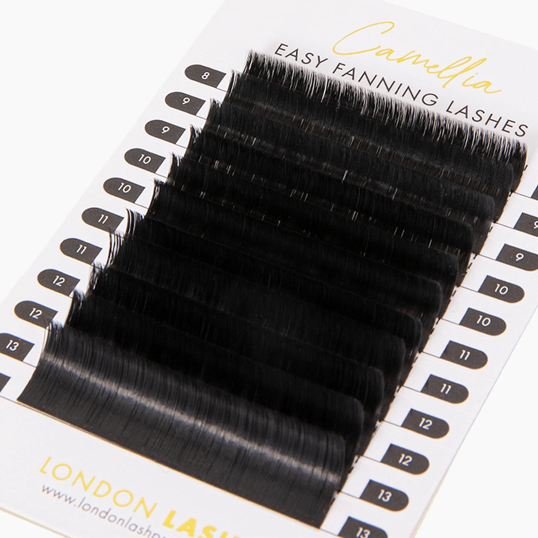 Close up of London Lash Camellia 0.05 lash strips on a white background