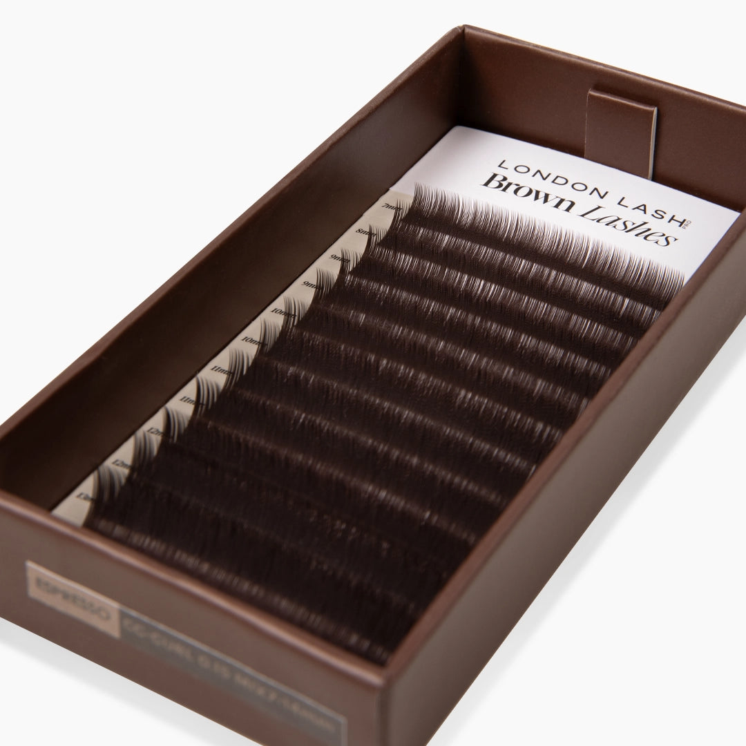 Close-up of London Lash Espresso Brown Lashes extension tray on a white background
