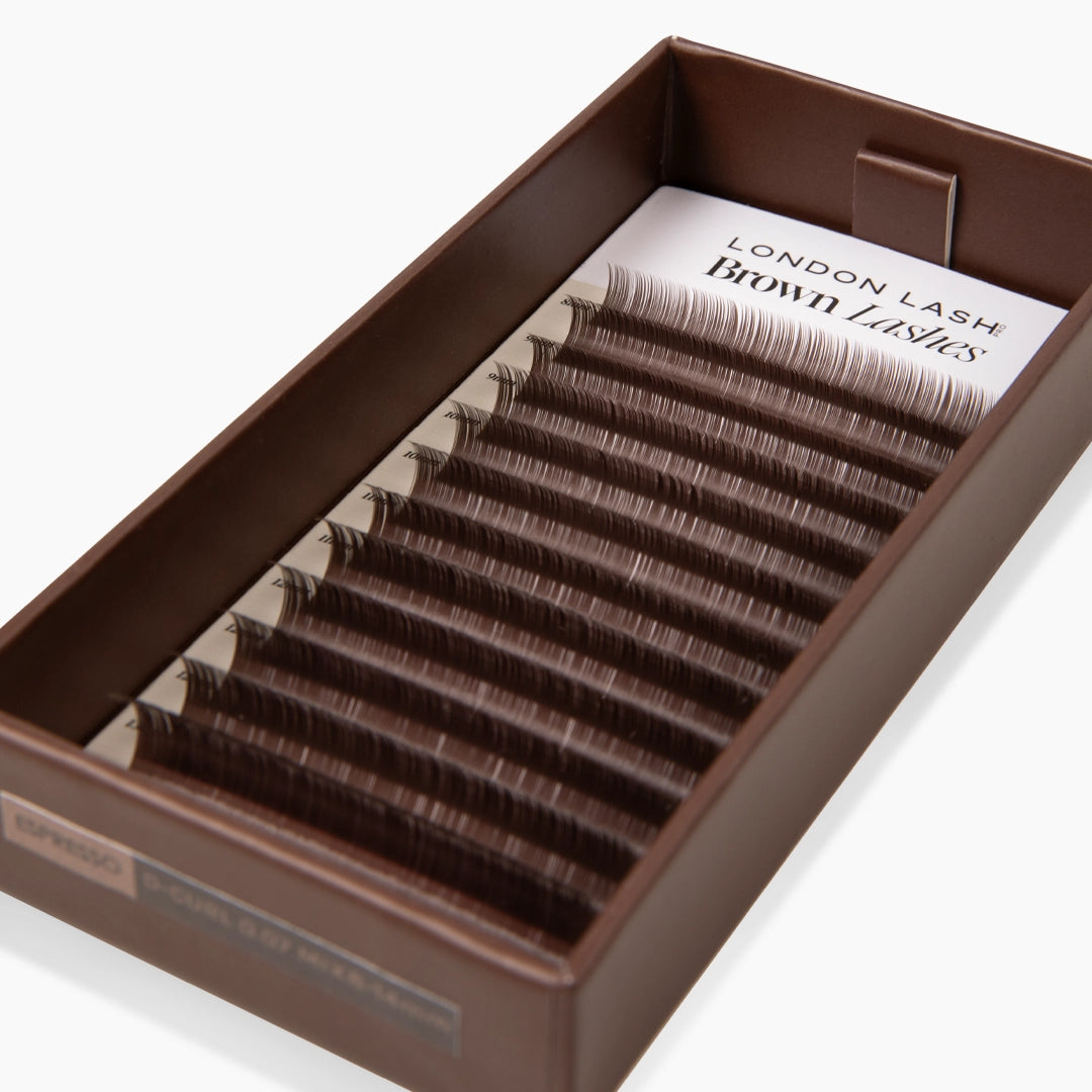 Professional brown eyelash extensions tray from London Lash on white background