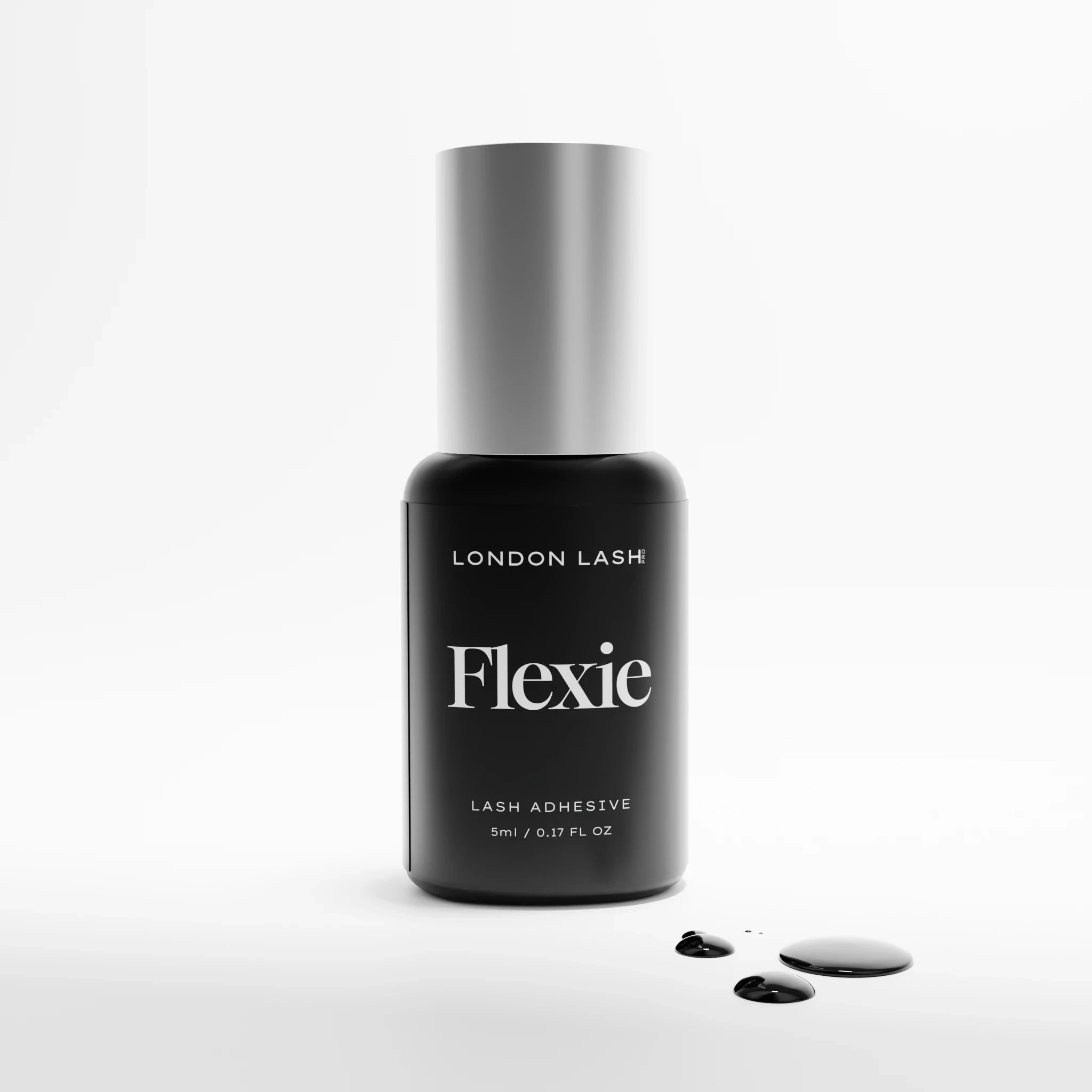 Bottle of London Lash Flexie lash adhesive on a white background