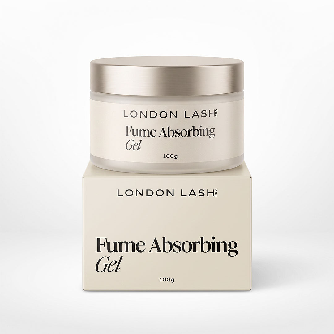 A jar of London Lash Fume Absorbing Gel stacked on top of its cream-colored product box, set against a clean white background.