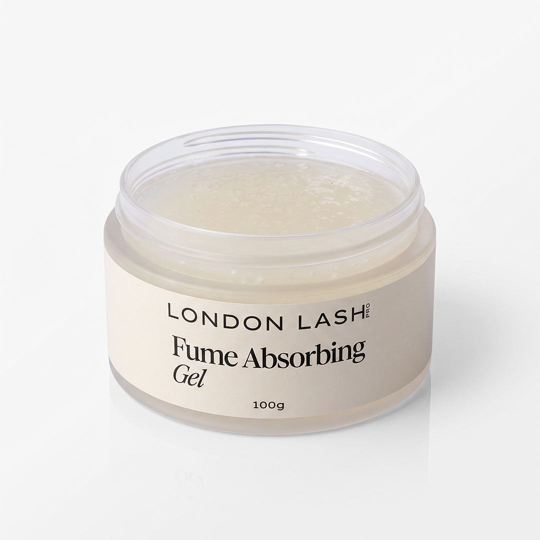 A clear plastic jar of London Lash Fume Absorbing Gel with a cream-colored label, shown on a clean white background.