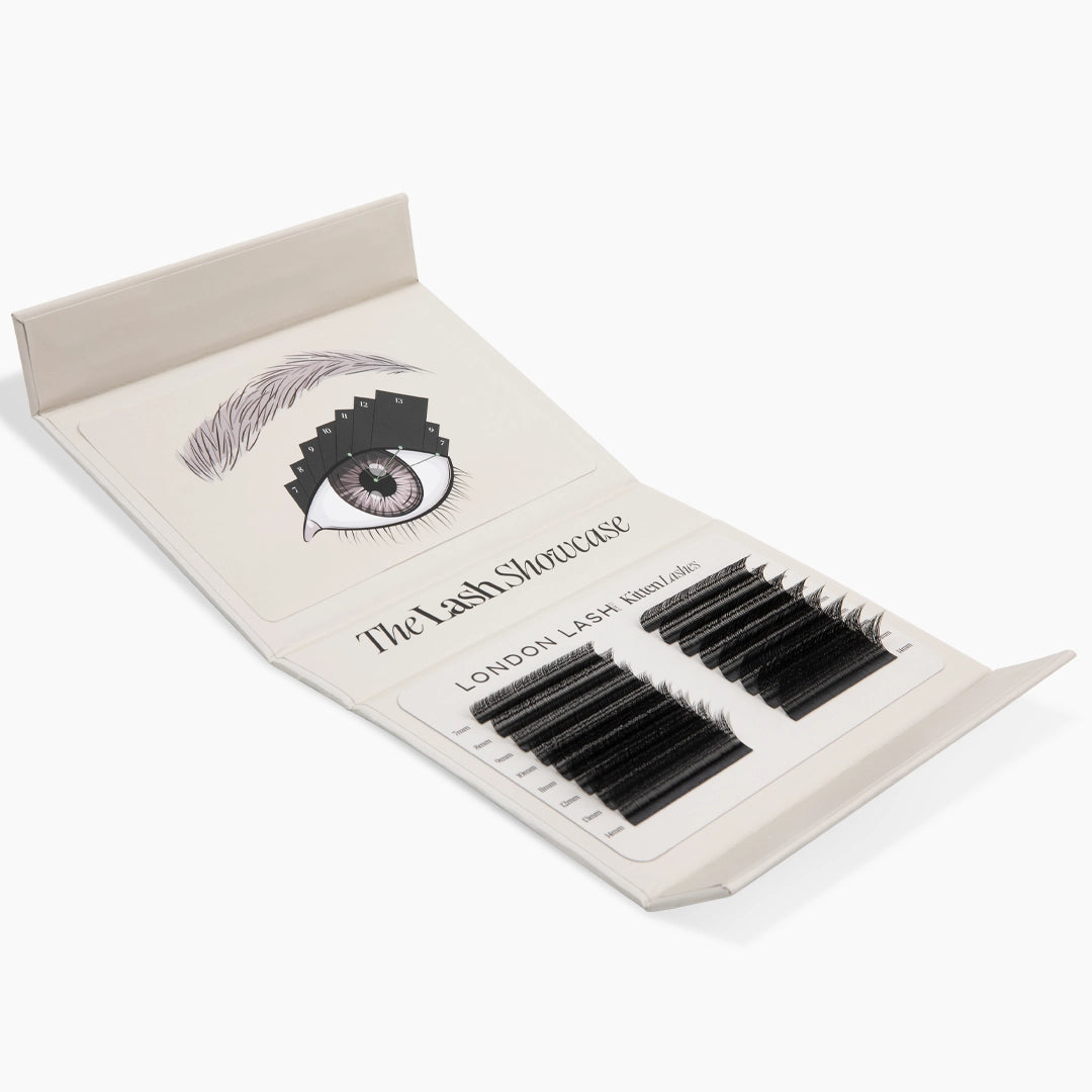 Fully opened beige London Lash Showcase kit displaying an eye mapping diagram and two trays of black Kitten Lash extension strips