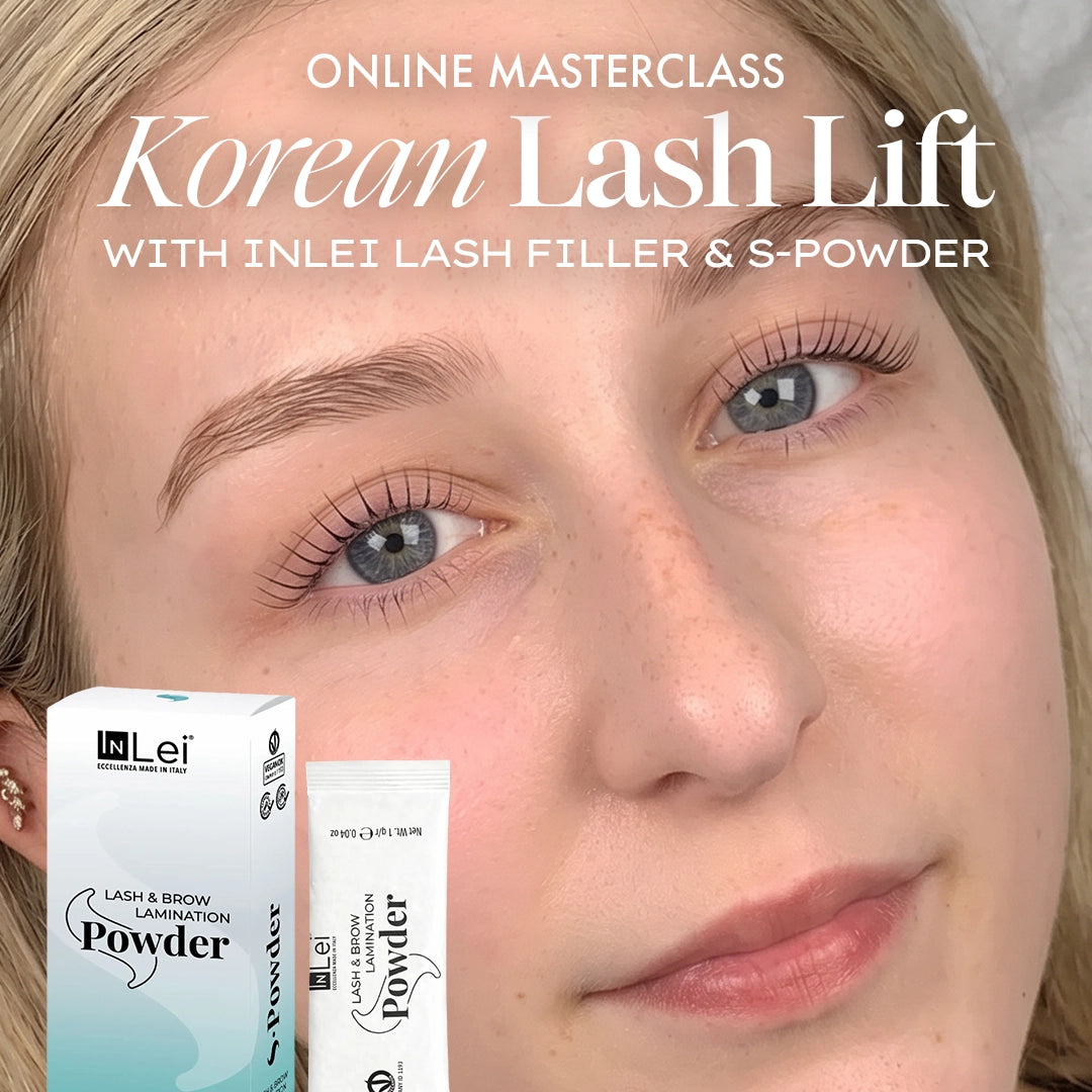 Korean lash lift InLei filler masterclass showcasing the InLei Lash Filler and S-Powder with a model's lifted lashes.