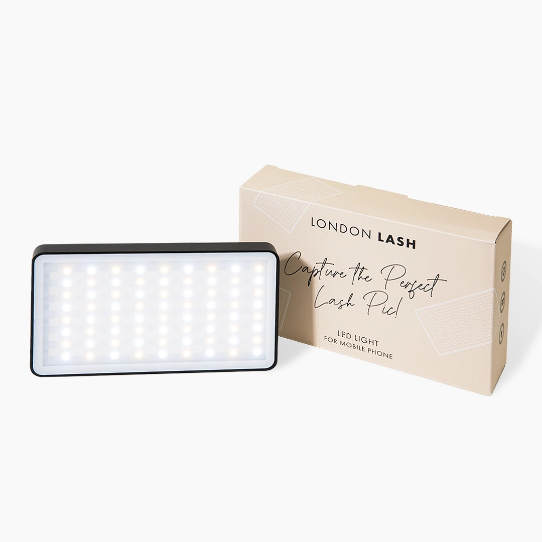 LED light for mobile phone and its packaging with 'London Lash' branding on a white background
