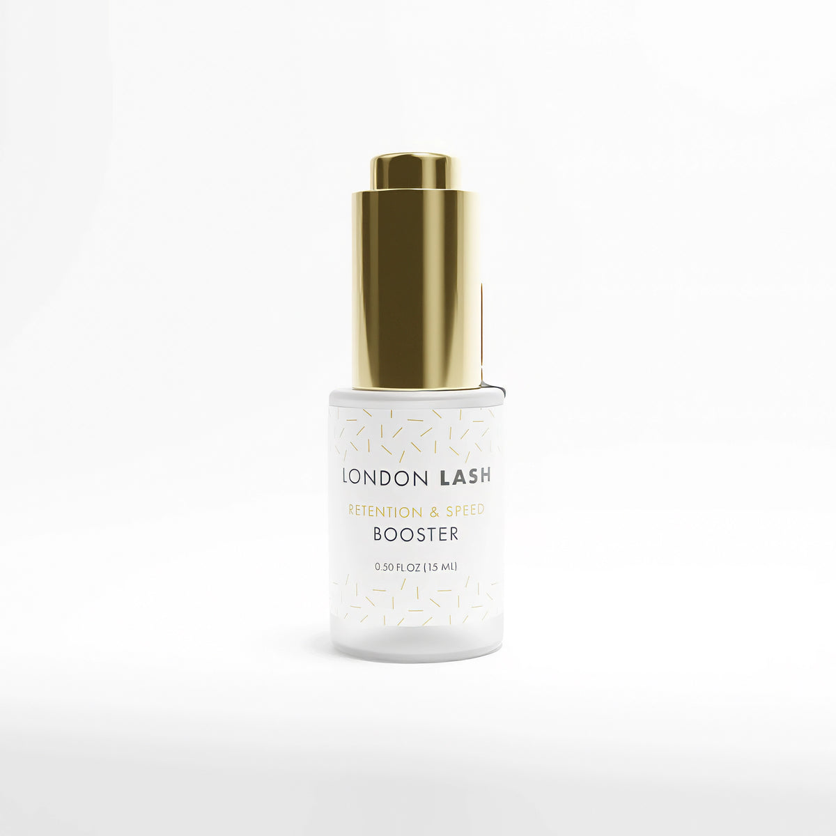 Bottle of STEP 5 Retention &amp; Speed Booster for eyelash extensions by London Lash, featuring a gold cap and sleek design.