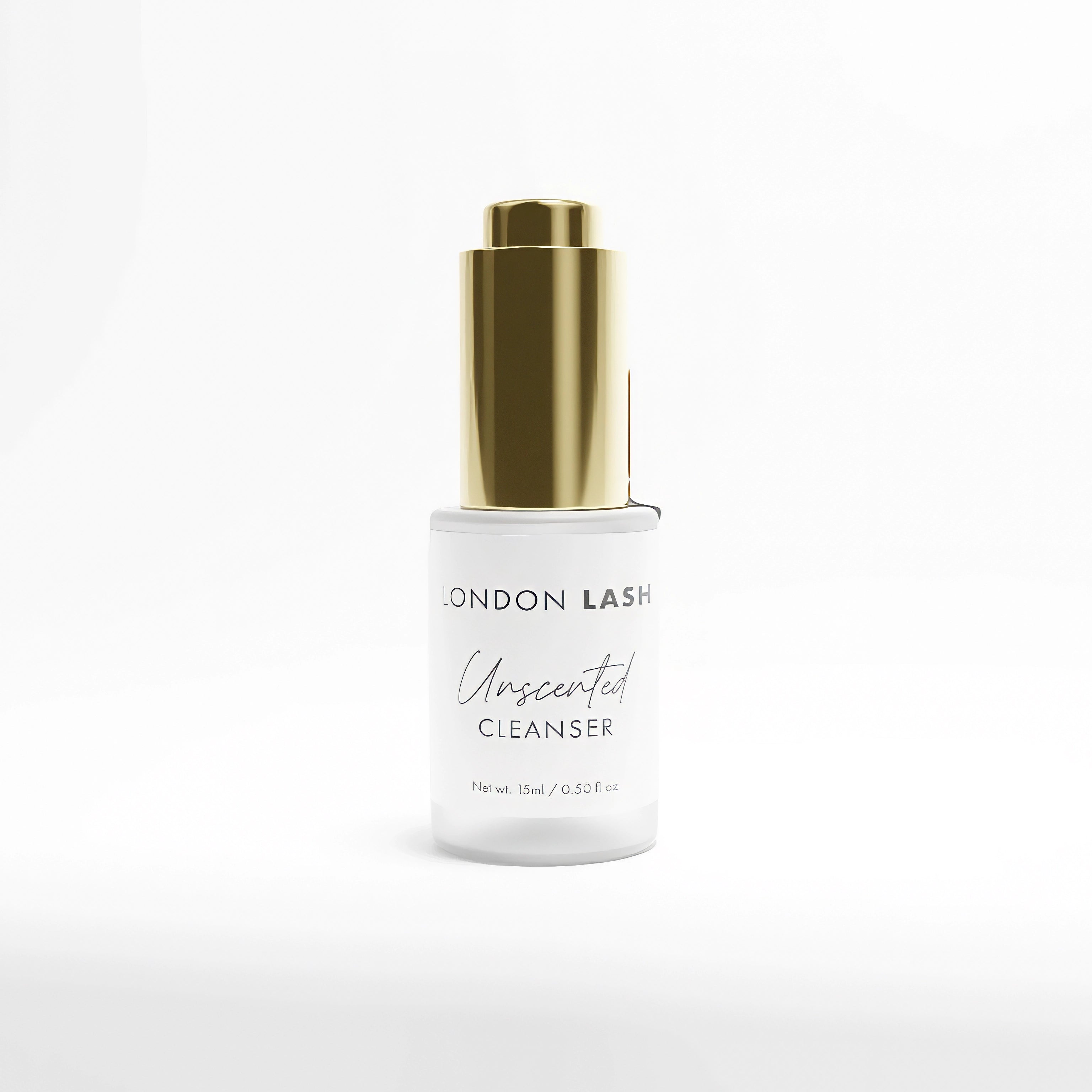 Unscented eyelash cleanser bottle with gold cap on a white background