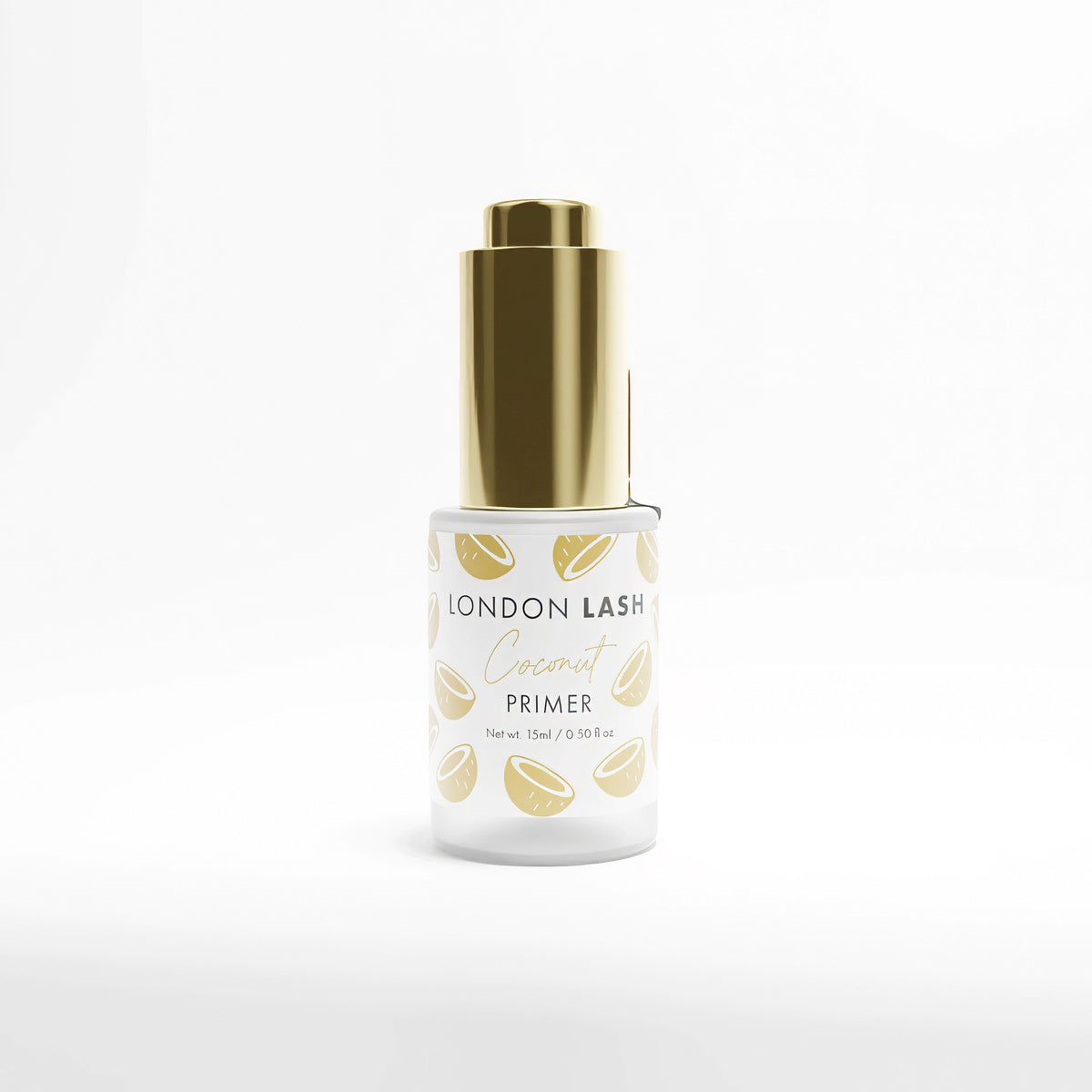 London Lash Coconut Primer bottle with a gold cap on a white background 