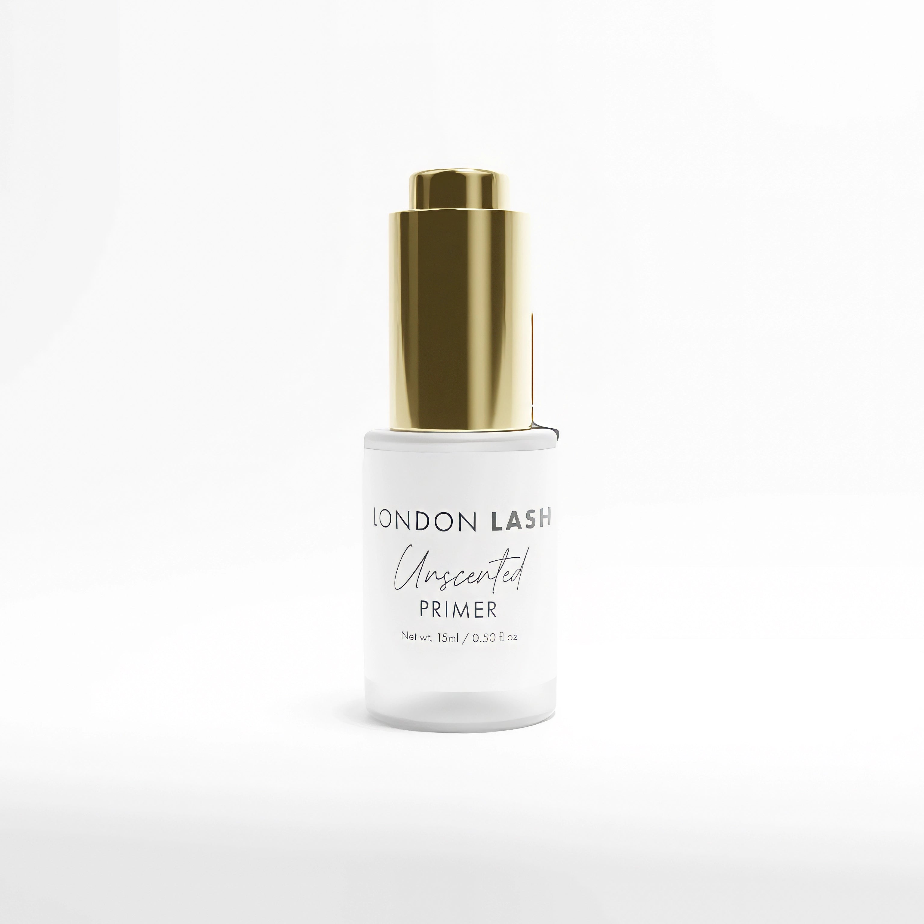 London Lash Unscented Primer bottle with a gold cap on a white background 