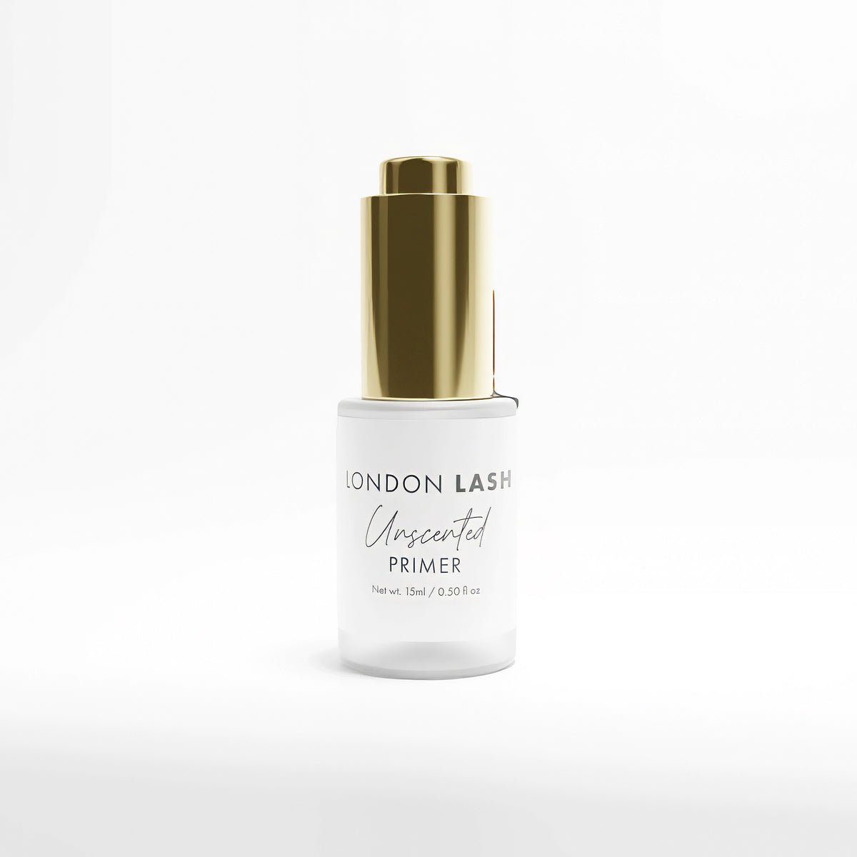 London Lash Unscented Primer bottle with a gold cap on a white background 