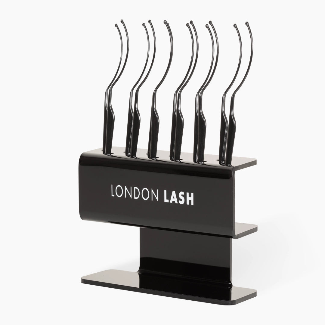 Black Lash Display Stand with 'London Lash' branding on a white background