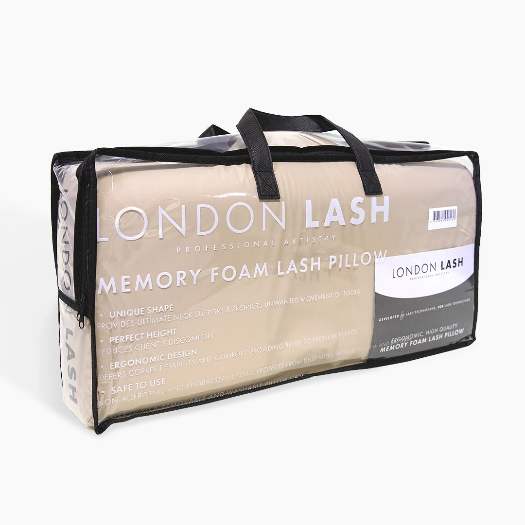 Packaged London Lash memory foam lash pillow with clear cover on a white background