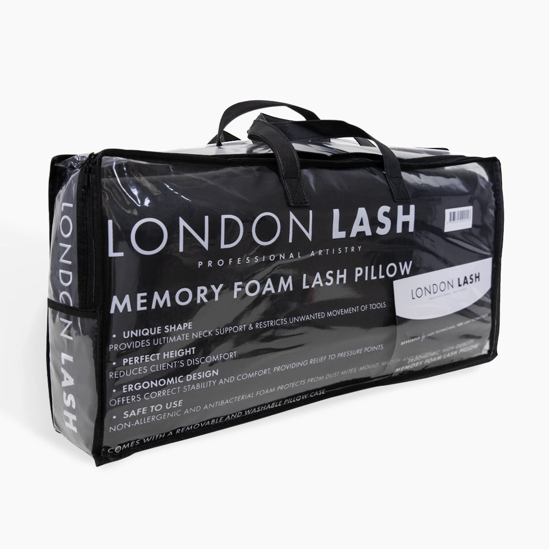 Packaged black memory foam lash pillow with 'London Lash' branding on a white background