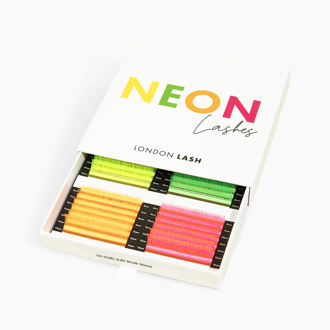 London Lash Volume Faux Mink Neon Lashes tray showing yellow orange pink and green lash strip