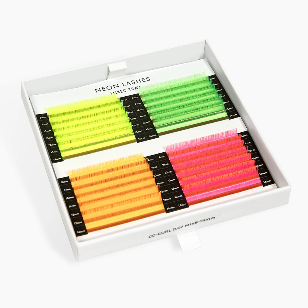 Open London Lash neon lash tray displaying four vibrant colours in mixed lengths 8-14mm