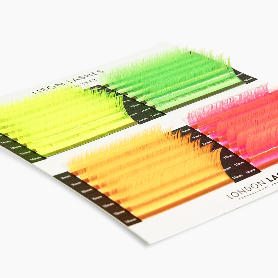 London Lash Volume Faux Mink Neon Lashes 0.07 CC curl tray with yellow orange pink and green strips