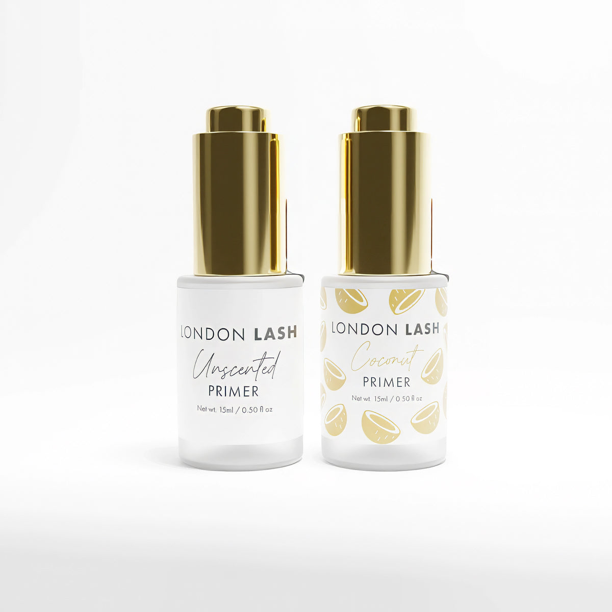 Two London Lash primer bottles, one unscented and one coconut-scented, on a white background.