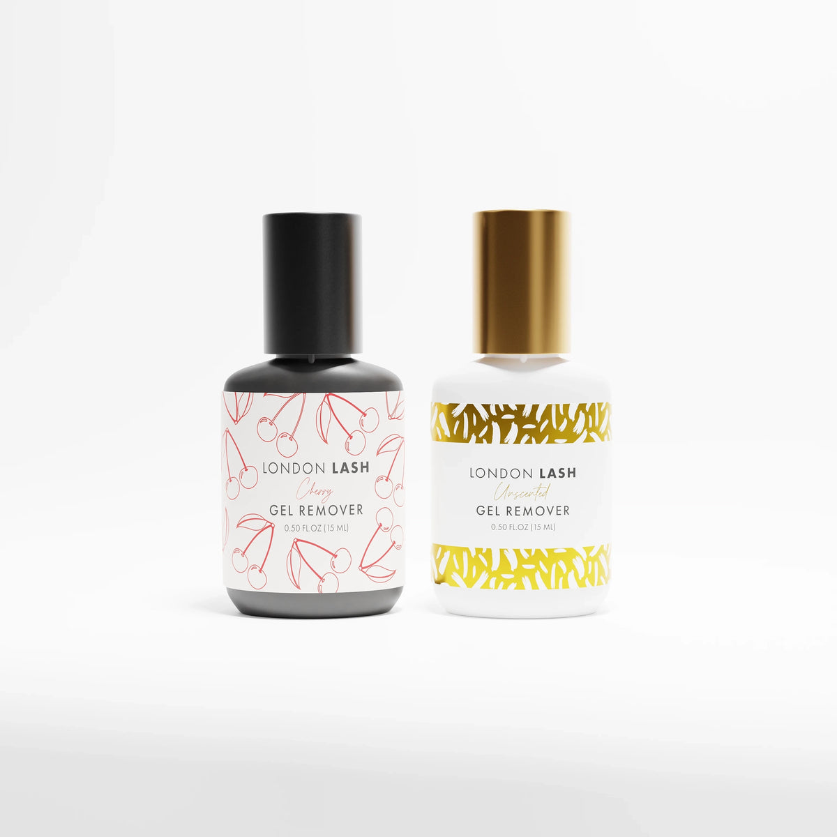 Unscented gel remover 15ml and Cherry gel remover 15ml on a white background