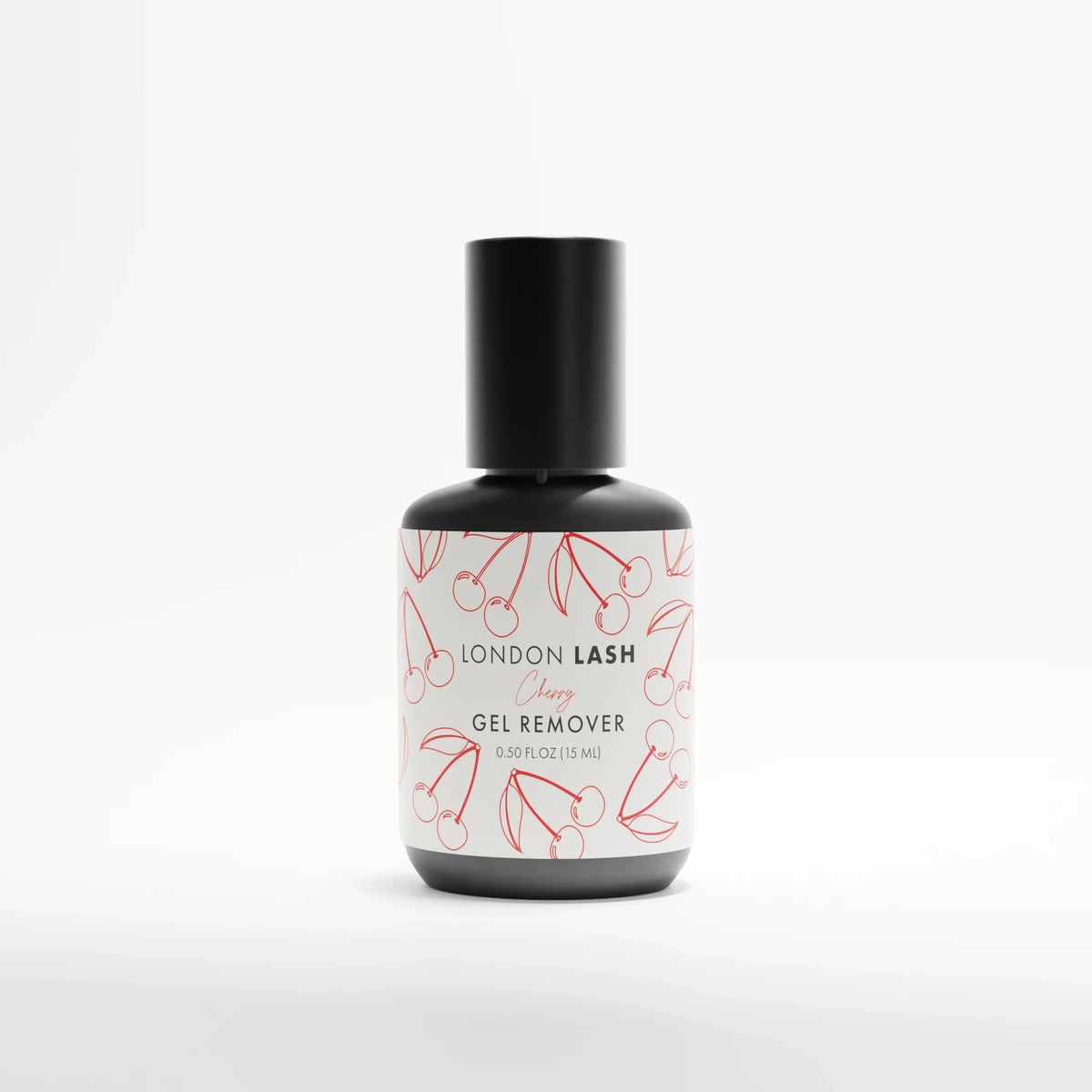 Bottle of London Lash gel remover Cherry Scent on a white background