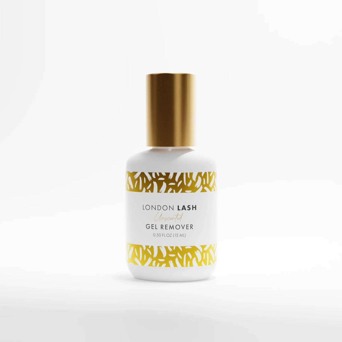 Bottle of unscented London Lash gel remover with gold cap and label on a white background