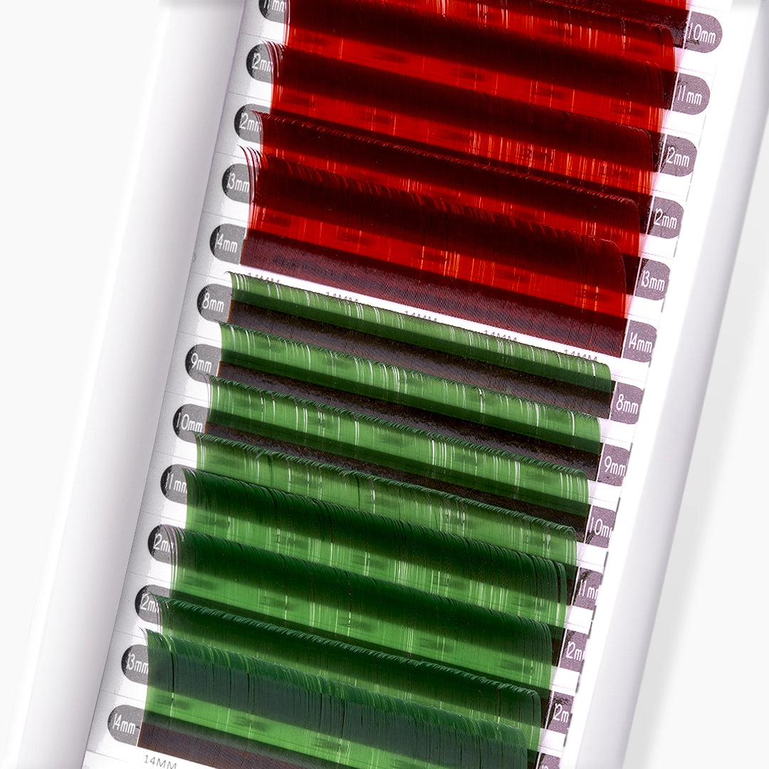 Close up image of London Lash red brown and green faux mink coloured lash extension strips and curls on white background