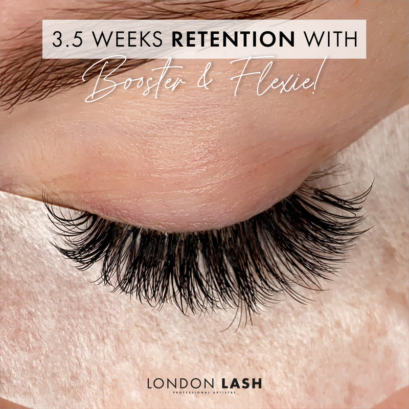 three and a half weeks of lash extension retention with flexie lash glue and booster. the lashes look almost as full as a new set.