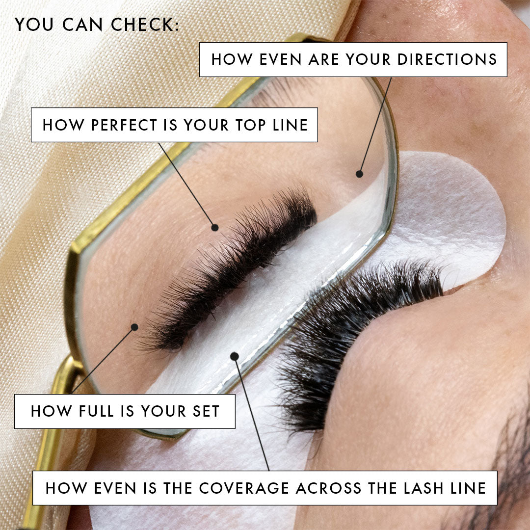 a set of volume eyelash extensions shown from above and below with the best eyelash extensions treatment mirror